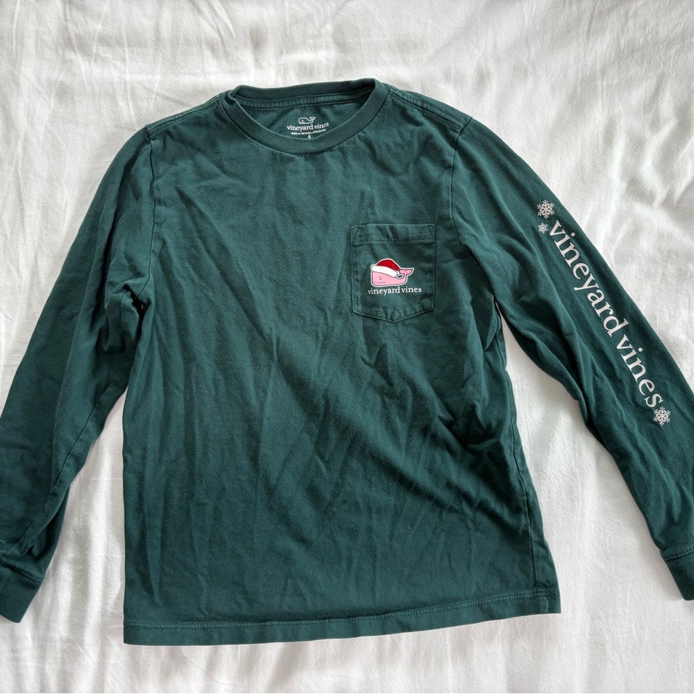 Kids Vineyard Vines Deep Green Long Sleeve Pocket Tee with Sleeve Script